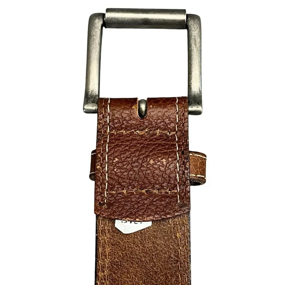 Western Brown Leather White Stitch Silver Square Buckle Belt Men 36”